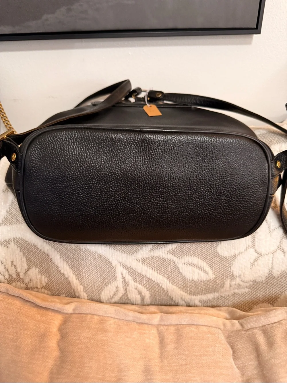 MCM Black Leather Backpack with Gold Accents and Front Pockets